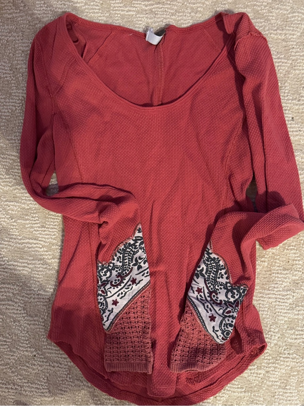 We The Free Coral Waffle-Knit Long Sleeve Top with Printed Pocket Accents